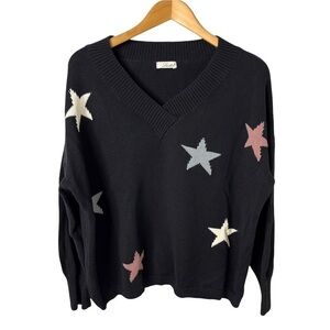 Larkin V Neck Sweater Star Print Navy Blue Size Large Long Sleeve G0091